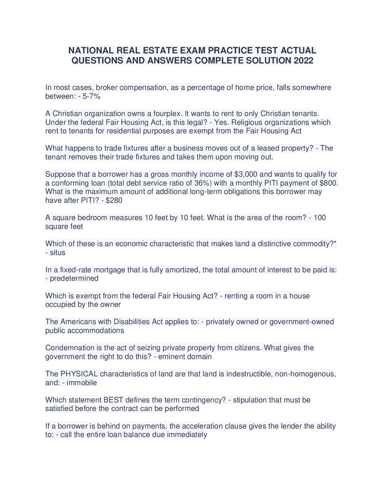 Preview image for NATIONAL REAL ESTATE EXAM PRACTICE TEST ACTUAL  QUESTIONS AND ANSWERS COMPLETE SOLUTION 2022